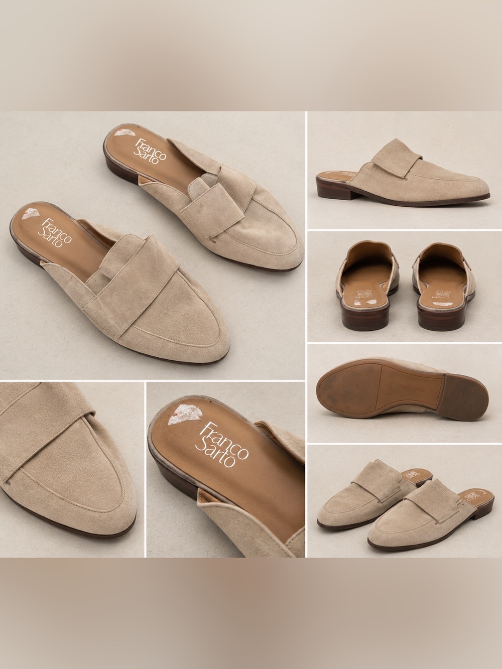 Franco Sarto Malesa Suede Almond Toe Slip On Mules Beige Size 9.5